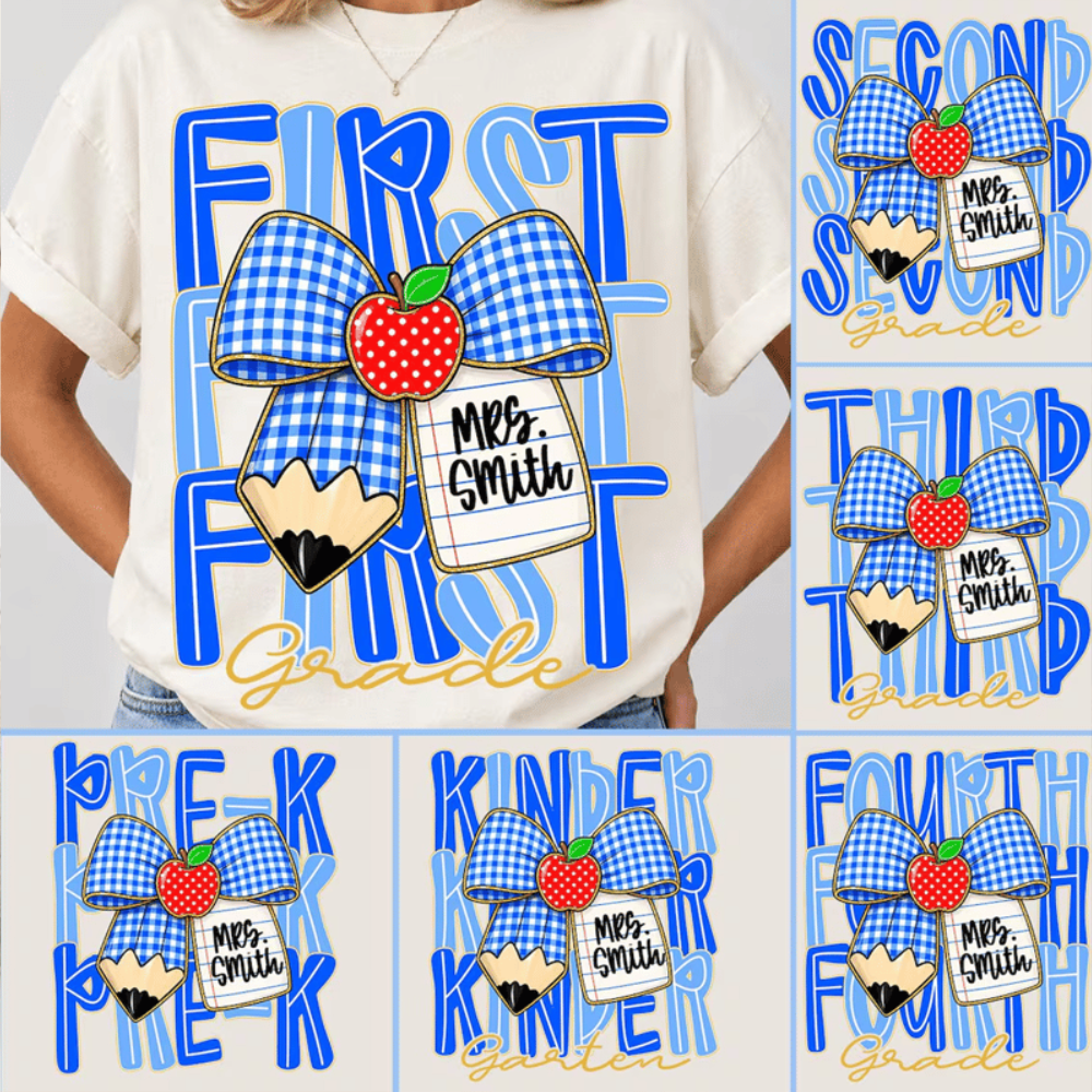 Preppy Back To School, Blue Gingham Pencil Bow, Custom Teacher Team, Pre-K To Fourth Grade Team