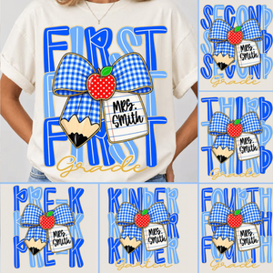 Preppy Back To School, Blue Gingham Pencil Bow, Custom Teacher Team, Pre-K To Fourth Grade Team