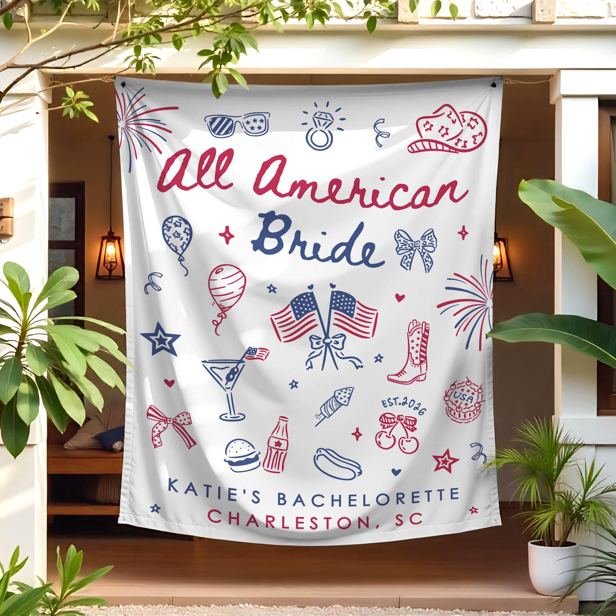 All American Bride Bachelorette Tapestry, Independence Day Bach Banner Decor, Custom Fourth Of July American Backdrop, 4th of July BridalShower