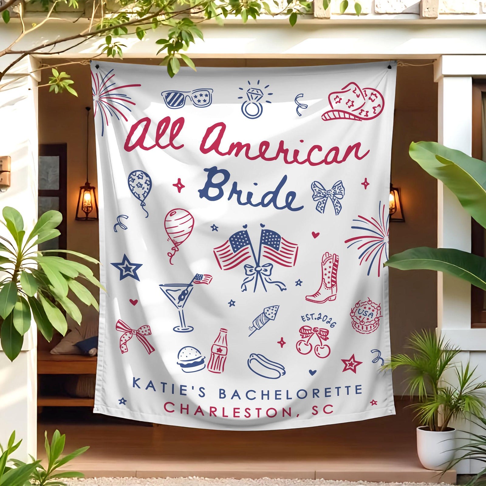 All American Bride Bachelorette Tapestry, Independence Day Bach Banner Decor, Custom Fourth Of July American Backdrop, 4th of July BridalShower