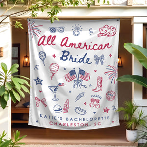 All American Bride Bachelorette Tapestry, Independence Day Bach Banner Decor, Custom Fourth Of July American Backdrop, 4th of July BridalShower