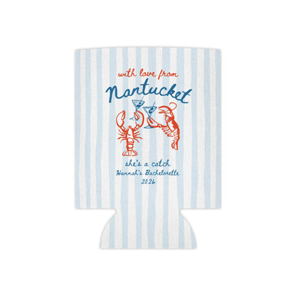 Nantucket Bachelorette Can Coolers, She's a Catch Drink Coolers, Custom Nantucket Beach Party Favors, Girls Trip Drink Holders