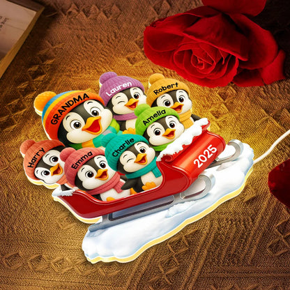 3D Effect Cute Grandma Grandkids Penguin On Sleigh - Personalized Acrylic Light Box - Christmas Gift For Grandma