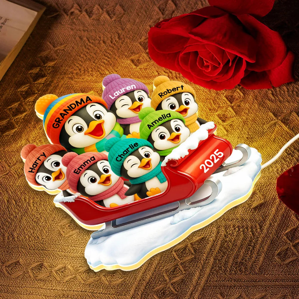 3D Effect Cute Grandma Grandkids Penguin On Sleigh - Personalized Acrylic Light Box - Christmas Gift For Grandma