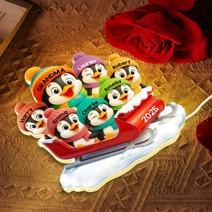 3D Effect Cute Grandma Grandkids Penguin On Sleigh - Personalized Acrylic Light Box - Christmas Gift For Grandma