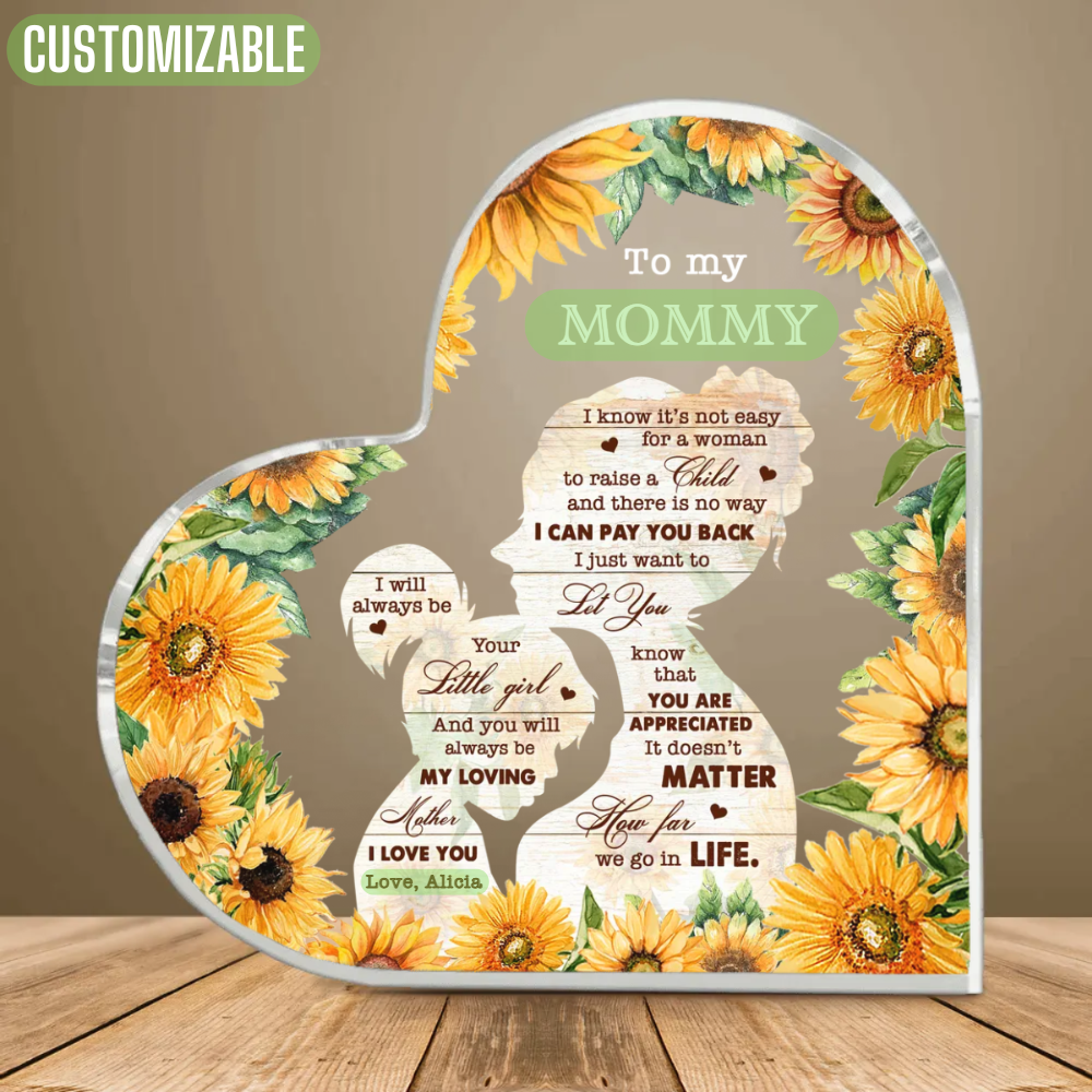 Sunflower Mommy & Daughter - Personalized Heart Shaped Acrylic Plaque - Gift For Mom From Daughter, Mother's Day, Birthday Gift