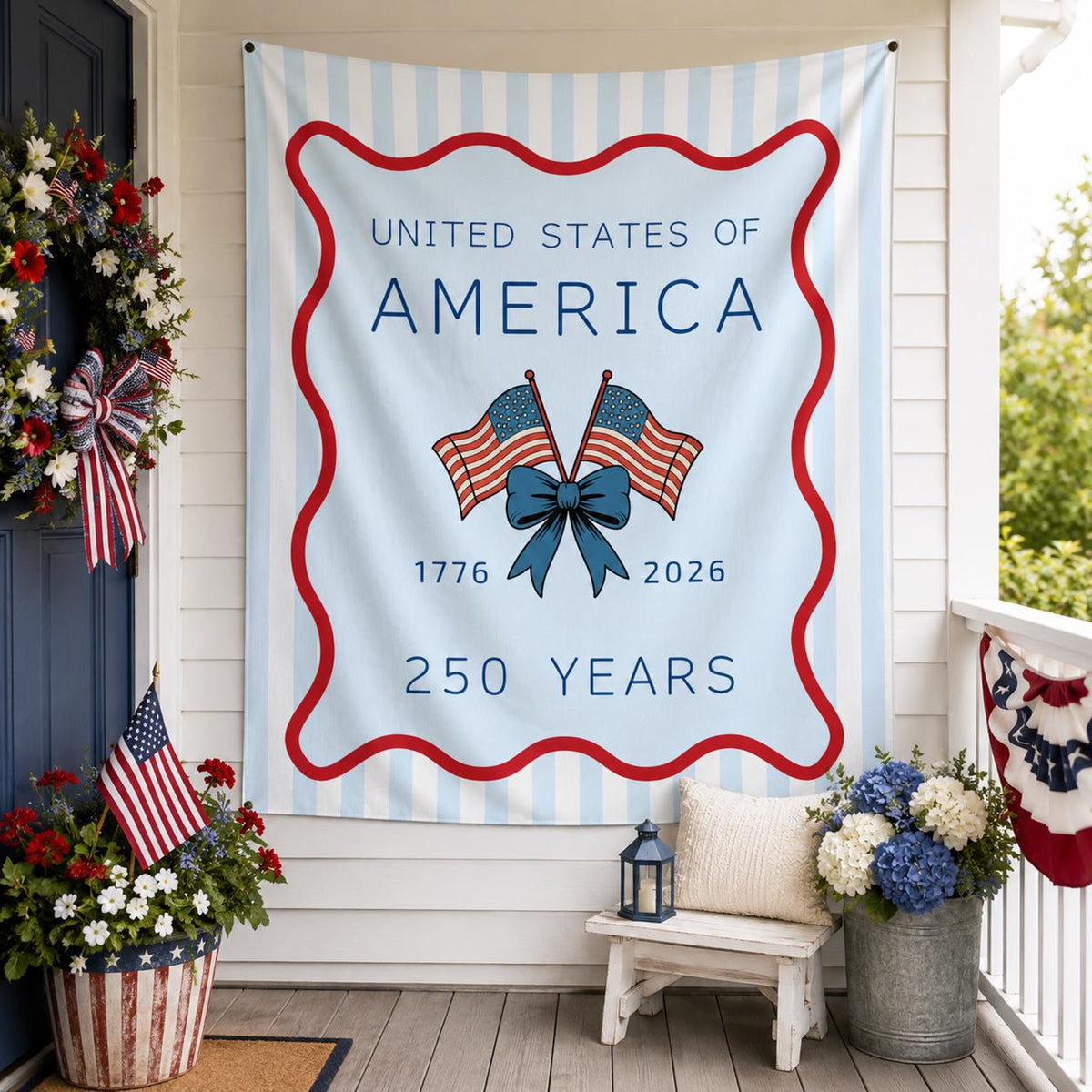America 250th Anniversary Tapestry, USA Wall Hanging,Patriotic 4th Of July Backdrop, Coastal Americana Porch Banner, Summer Party Gift Decor
