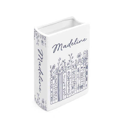 Ceramic Book Vase Customized, Floral Bookshelf Decor, Reading Room Flower Pot, Book Lover Gift, Ceramic Book Flower Vase, Toile De Jouy Vase