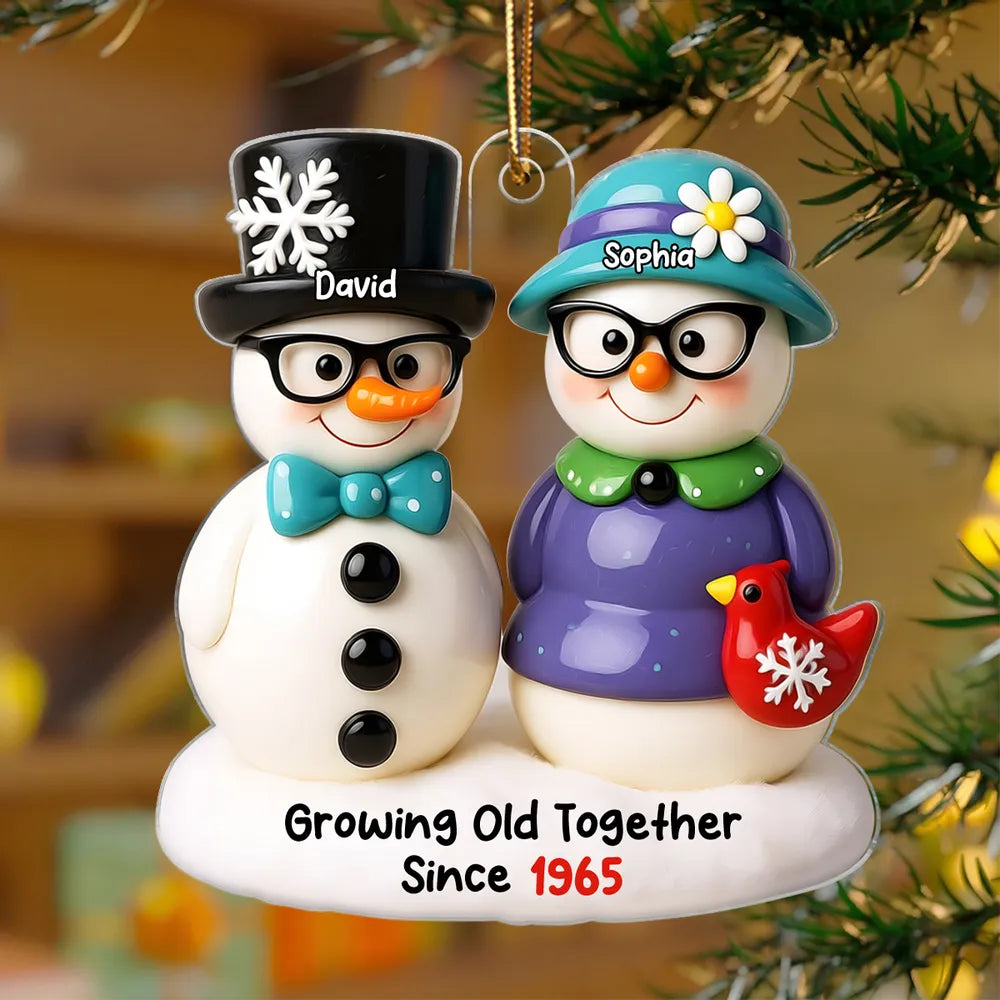 Snowman Couple Growing Old Together Personalized Acrylic Ornament, 3D Effect Ornament for Couple