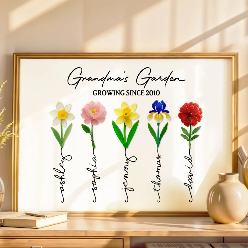 3D Sea Glass Birth Month Flowers Grandma's Garden - Personalized Canvas - Gift For Grandma, Mom, Birthday Gift
