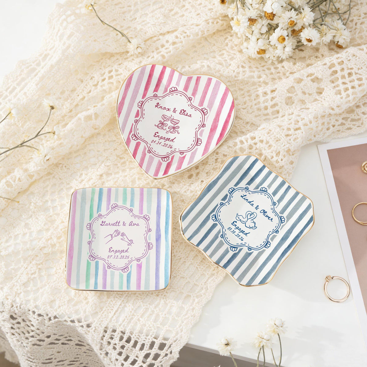 Personalized Wedding Ring Dish, Colorful Stripe Jewelry Dish for Couple, Sentimental Gift for Bride, Engagement Gift, Anniversary