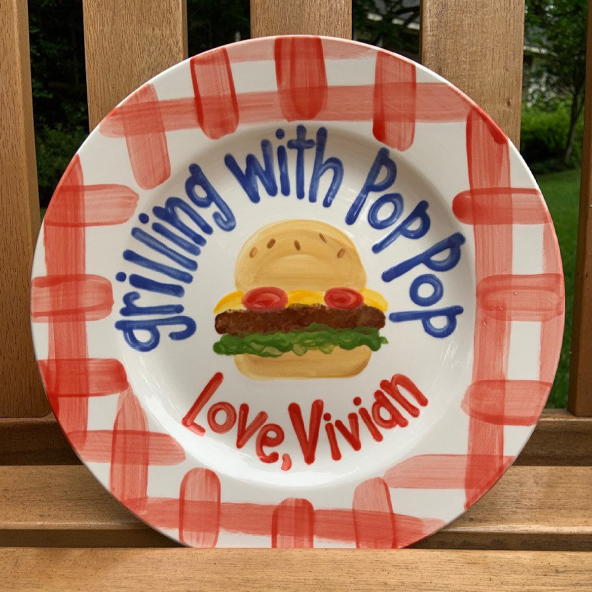 Grillin with Daddy Personalized Ceramic Plate, Custom BBQ Ceramic Cheesburger Plate with Kids Names for Father s Day Gift