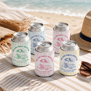 Custom Beach Family Vacation Can Coolers, Personalized Family Reunion Beer Huggers, Matching Coastal Vacation Gift, Family Summer Vacation