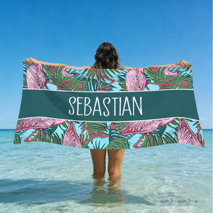 Custom Flamingo Tropic Summer Beach Towel, Flamingo Jungle Theme Gift, Custom Name Holiday Travel Bath Towel, Beach Lover's Gift, Gift for Girls