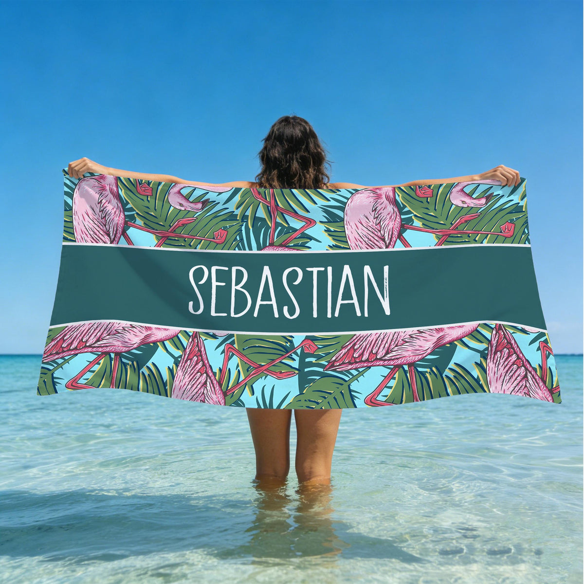 Custom Flamingo Tropic Summer Beach Towel, Flamingo Jungle Theme Gift, Custom Name Holiday Travel Bath Towel, Beach Lover's Gift, Gift for Girls