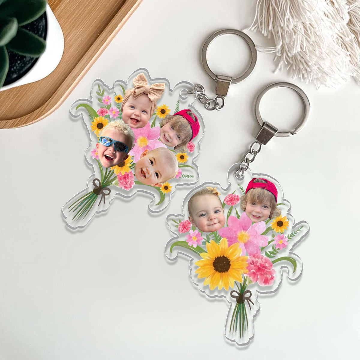Personalized Gift For Mom Grandma, Custom Kids Face Flower Bouquet Keychain, Grandma Keychain Gift, Baby Face Keychain
