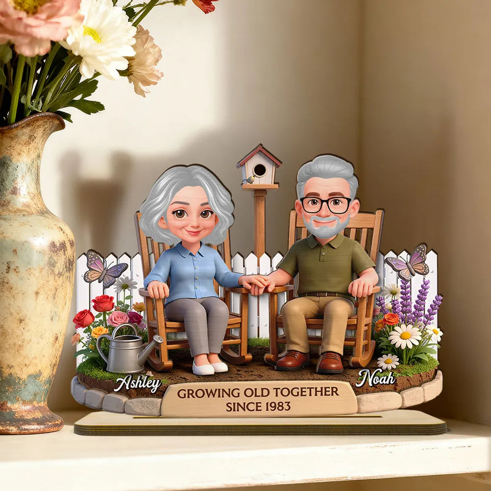 3D Effect Backyard Couple Growing Old Together - Personalized Wooden Plaque - Anniversary, Valentine's Day Gift For Couple
