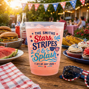 Personalized Pool Party Plastic Cups, Custom Stars Stripes and Splash Cups, 4th of July Family Pool Party Cups