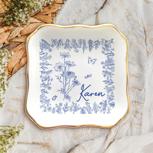 Personalized Birth Flower Trinket Dish, Custom Ceramic Jewelry Tray, Birthday Gift For Her