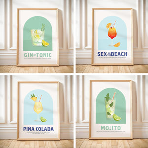 Retro Cocktail Art Print Set, Bar Drinks Poster Canvas, Gift For Barista, Drink Wall Art Decor
