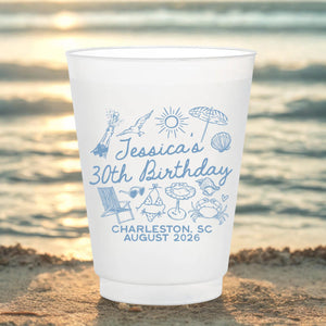Beach Birthday Cups Coastal Birthday Party Decor, Custom Frosted Cup for Birthday Party, Personalized Frosted Cup