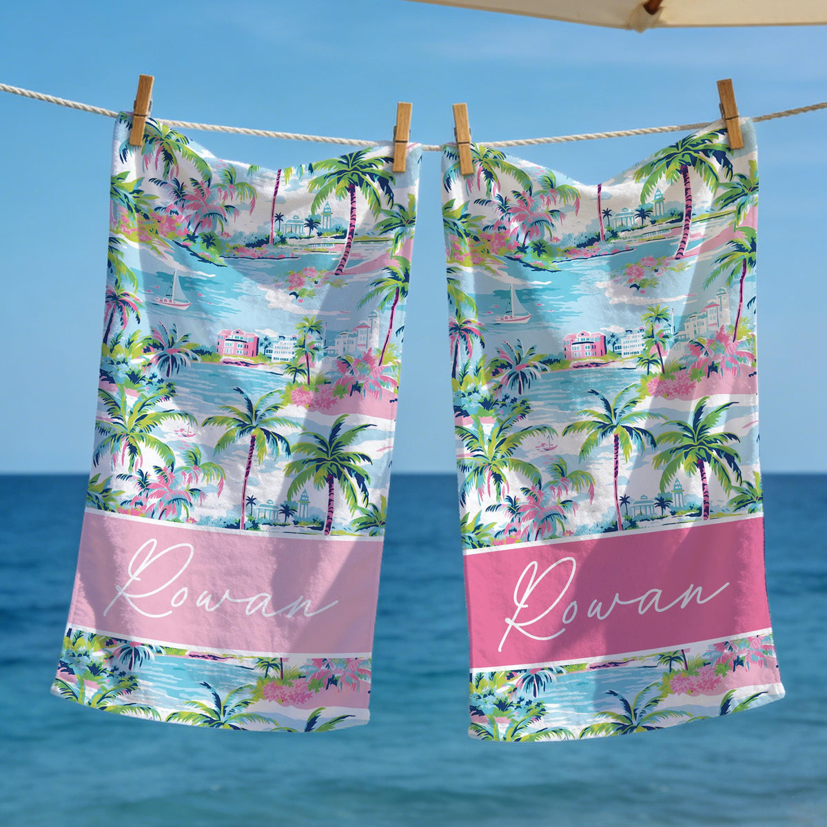 Custom Palm Tree Tropical Beach Towel, Custom Name Birthday Party Pool Towel, Bachelor Bath Towel, Vacation Gift for Girls, Beach Lover's Gifts