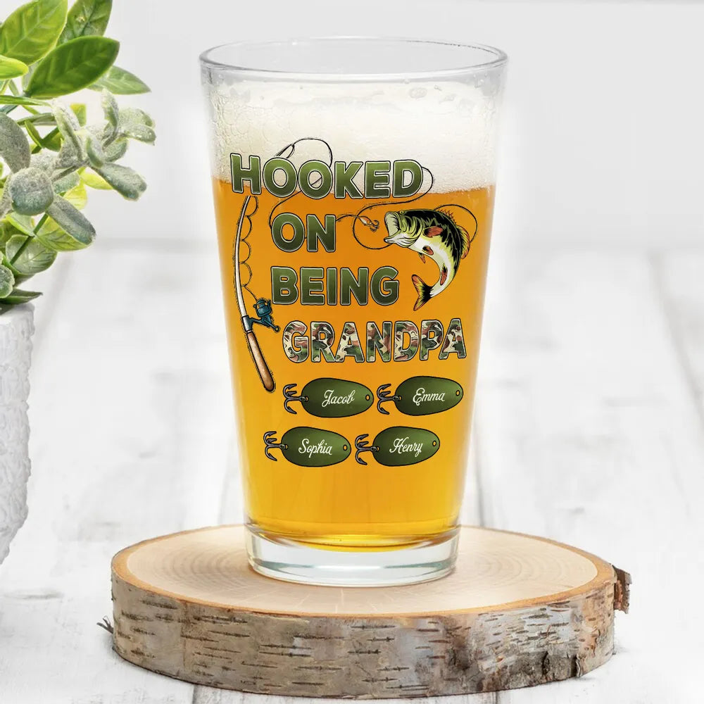 Hook On Being Grandpa Fishing Camouflage - Personalized Beer Glass - Gift For Dad Papa On Father's Day, Birthday Gift