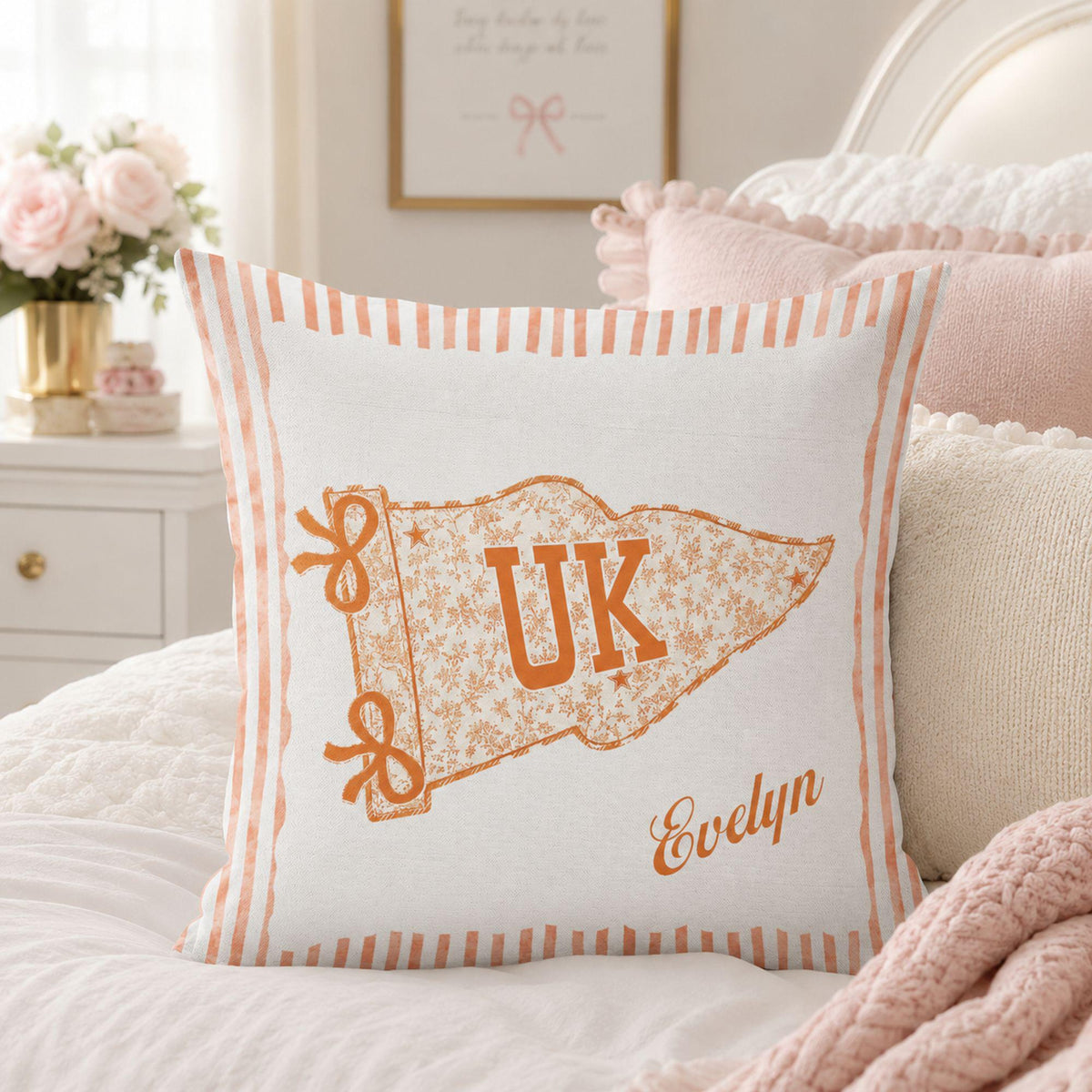 Personalized College Pillow, Custom Name Dorm Decor, Preppy Pennant Pillow, Floral Bow Pillow, Graduation Gift, College Bound Gift