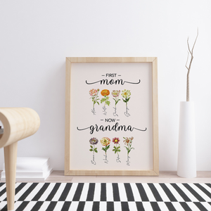 Custom First Mom Now Grandma Gift, Grandma's Garden Sign, Mother's Day Gift For Grandma, Birth Month Flower Prints, Family Flower Painting