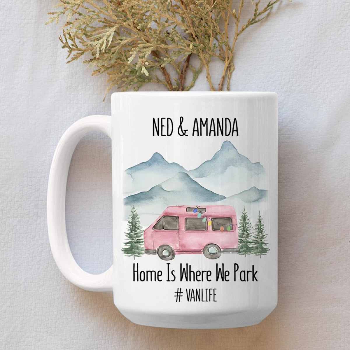 Personalized Happy Camper Mugs, Couple Camping Mugs, Van Life Mugs, Custom Names Couple Mugs, His And Hers, Home Is Where We Park Retro Van