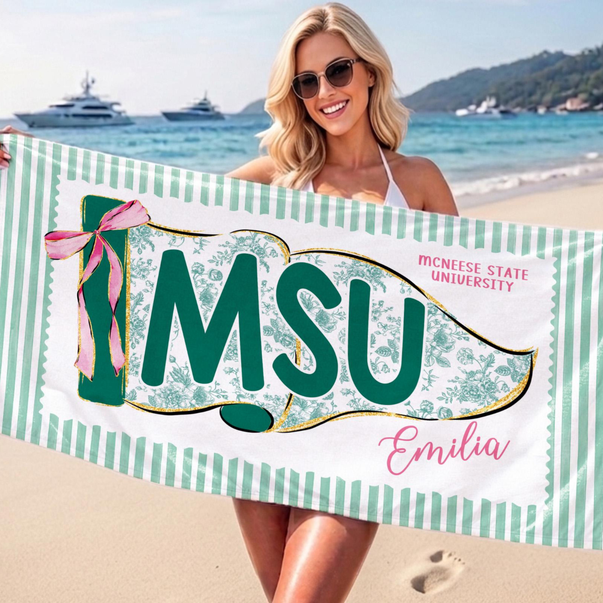 Personalized School Spirit Beach Towel: Coquette College Pennant Flag Towel, Grandmillennial Striped Towel, Sorority Girls Graduation Gift
