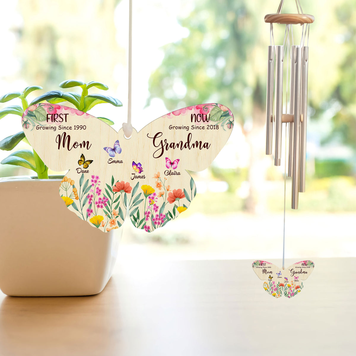 First Mom Now Grandma Butterfly Shape Pendant - Personalized Windchime - Gift For Grandma, Mother's Day, Birthday Gift