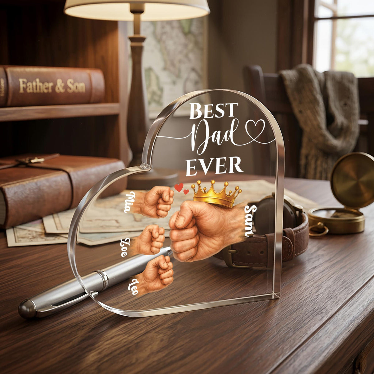 Personalized Father and Kids Fists Acrylic Heart Block, Custom Fathers Day Gift for Dad, Best Dad Ever Keepsake, Dad's Office Desk Decor