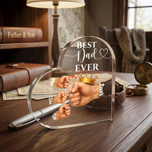 Personalized Father and Kids Fists Acrylic Heart Block, Custom Fathers Day Gift for Dad, Best Dad Ever Keepsake, Dad's Office Desk Decor