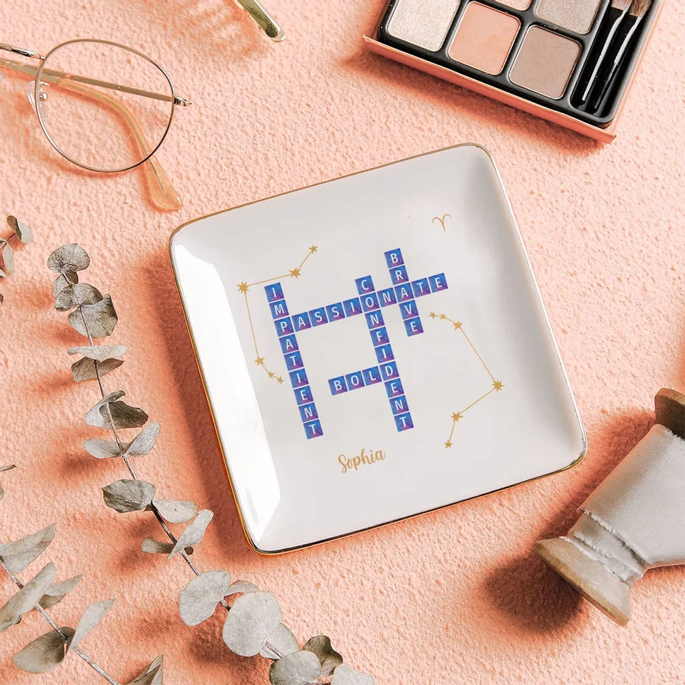 Character Qualities Crossword With Zodiac Sign - Personalized Jewelry Plate - Gift For Mother