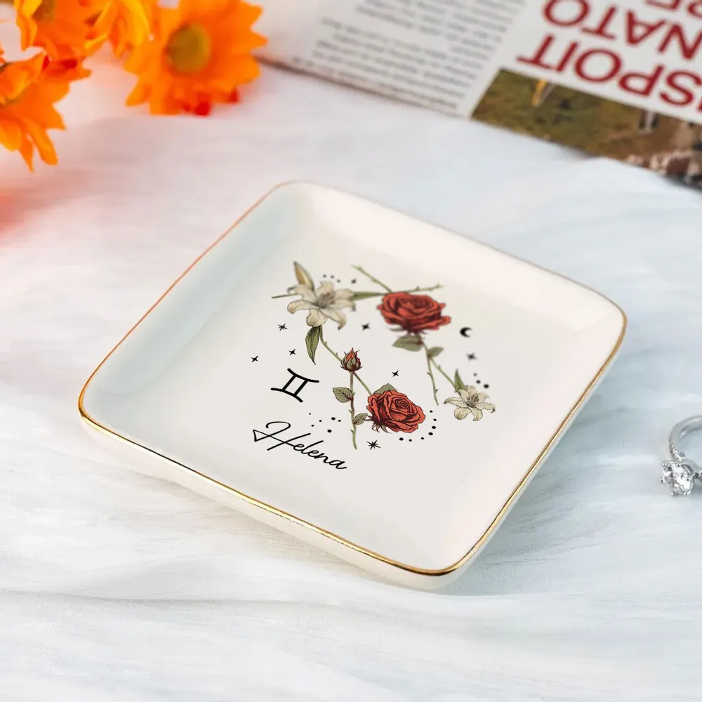Zodiac Sign Birth Month Flower - Personalized Jewelry Plate - Gift For Mother, Daughter, Sister, Family
