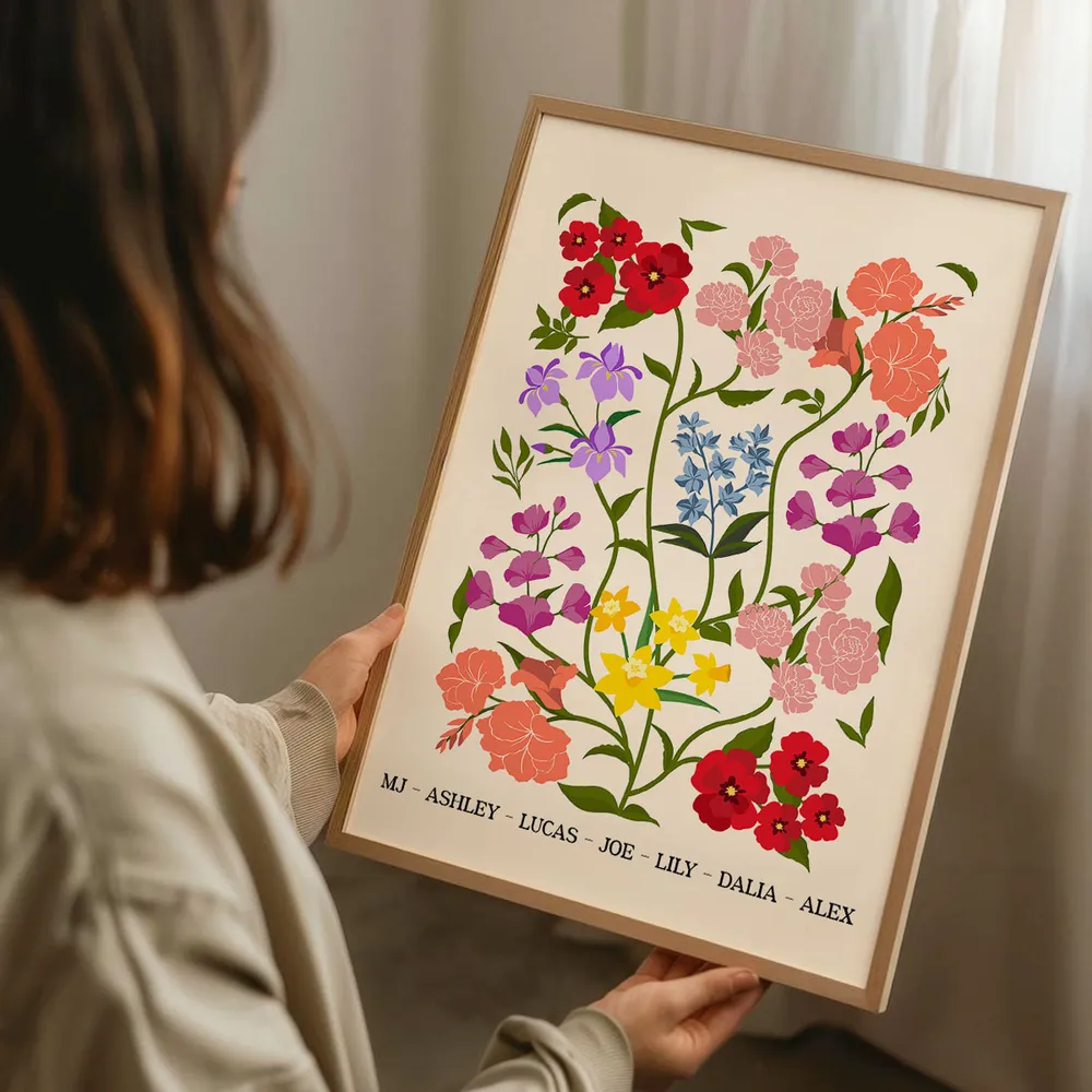 Custom Family Birth Flower Bouquet Artwork Minimalist - Personalized Canvas - Gift For Mom, Gift For Grandma, Mother's Day Gifts