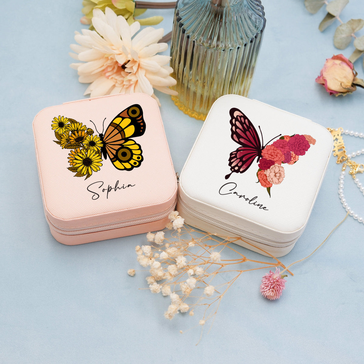 Floral Butterfly With Name - Personalized Square Jewelry Box - Gift For Her, Gift For Mom, Mother's Day, Birthday Gift