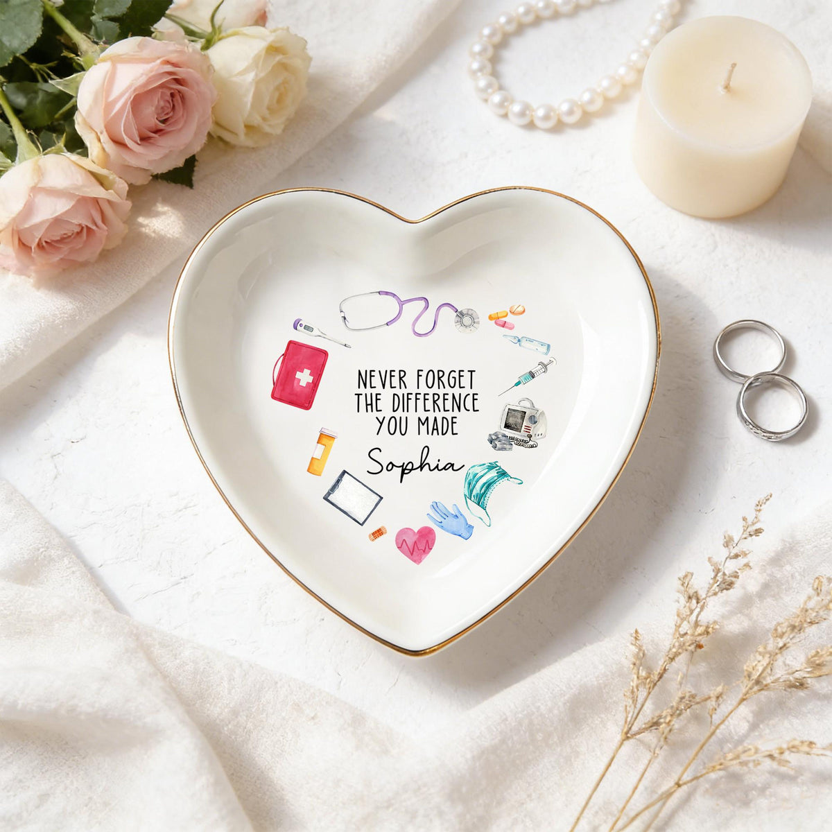 Personalized Nurse Jewelry Dish - Nurse Graduation Jewelry Dish, Stethoscope Name Trinket Dish, Never Forget The Difference You Made