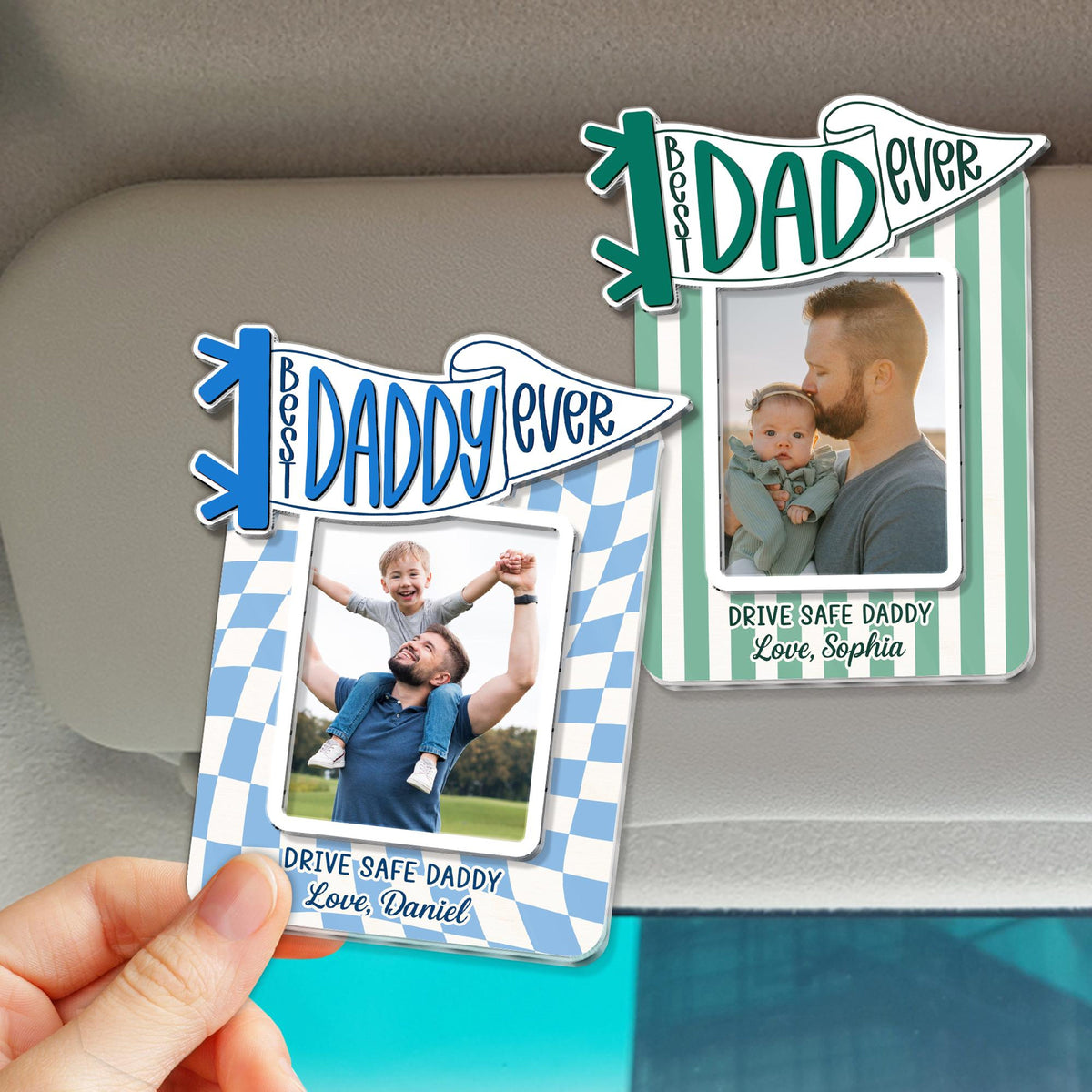 Personalized Best Dad Ever Sun Visor Clip Picture Frame, Custom Photo Car Visor Clip for Dad, Drive Safe Daddy Gifts, First Fathers Day Gift