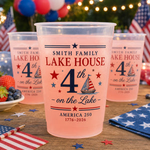Personalized Lake House Plastic Cups, Custom 4th of July Cups, America 250 Family Lake Party Cups, Patriotic Plastic Cups