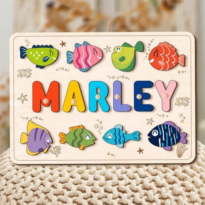 Ocean Life Name Puzzle with Fish, Wood Name Puzzle, Custom Handmade Name Puzzle, Birthday Gifts for Toddler, Montessori Board, Nursery Decor