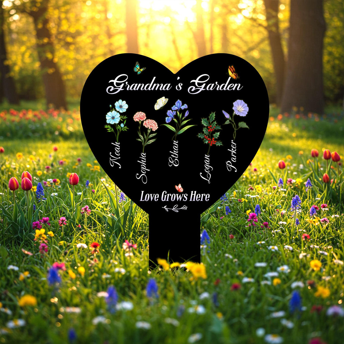 Personalized Birth Flower Metal Garden Stake, Mother's Day Gifts for Grandma, Grandkids Names, Nana's Blessings, Garden Marker Botanical Art