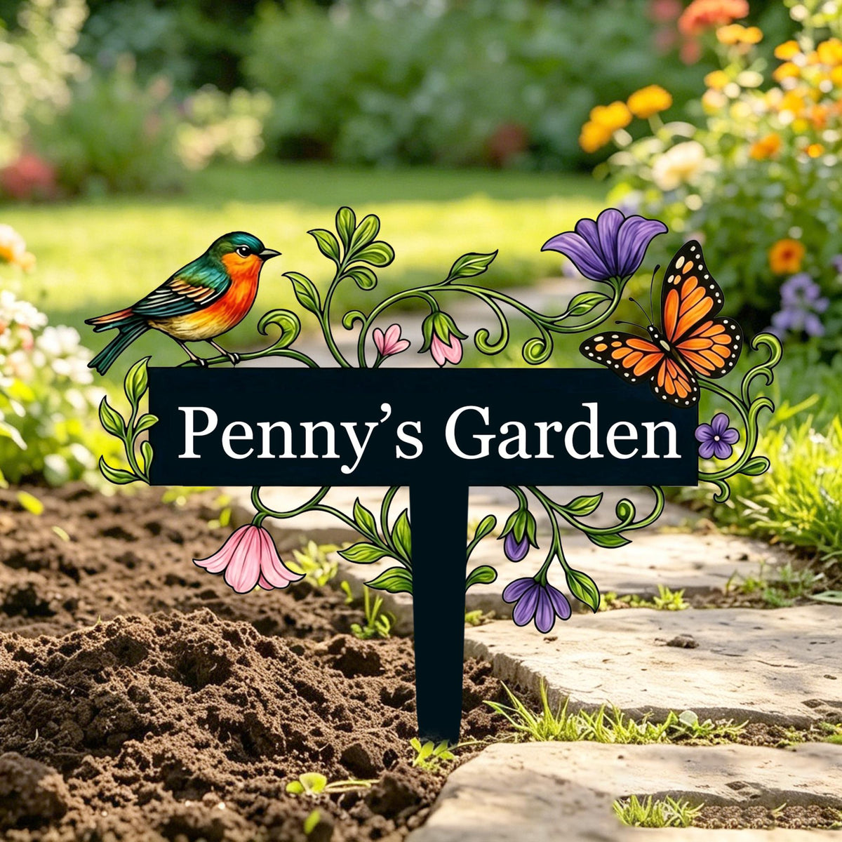 Personalized Garden Sign with Flowers, Custom Garden Name Sign, Metal Yard Art, Garden Decor, Gardening Gifts for Gardeners, Garden Plaque