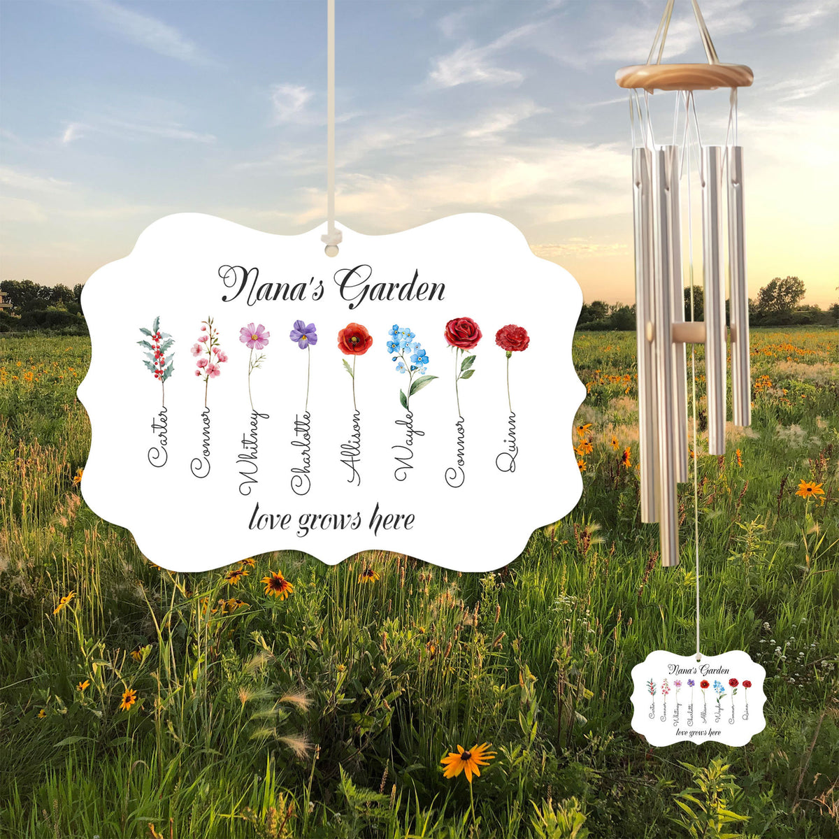 Birth Month Flower Wind Chime, Custom Kid Name, Mother's Day Gift, Grandma's Garden Wind Chime, Gift For Mom, Birth Flower, Family Gift