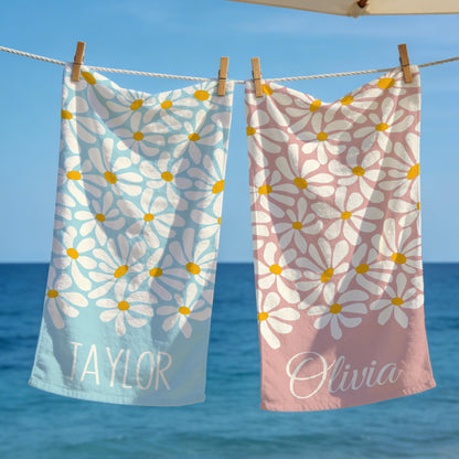 Personalized Daisy Floral Beach Towel, Custom Name Pool Towel for Girls, Bithday Party Gift For Kids, Tropical Vacation Gift, Beach Lover's Gift
