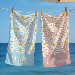 Personalized Daisy Floral Beach Towel, Custom Name Pool Towel for Girls, Bithday Party Gift For Kids, Tropical Vacation Gift, Beach Lover's Gift