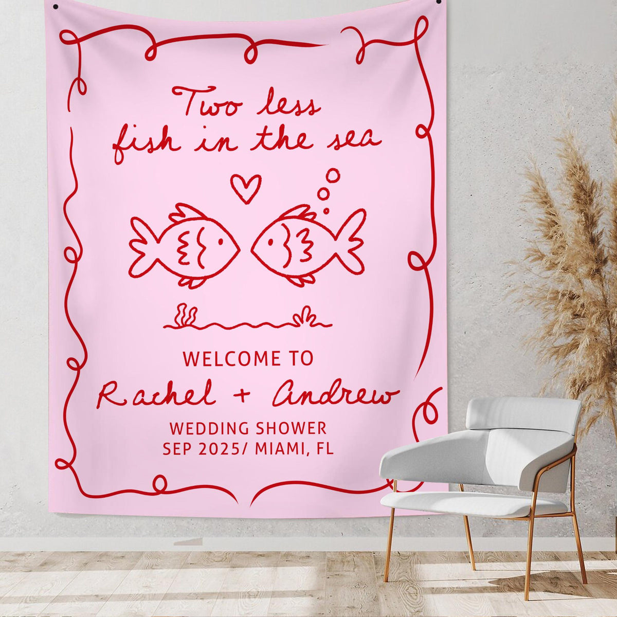 Personalized Bachelorette Party Decor, Custom Two Less Fish In The Sea Bachelorette Party Banner Fishing Couples Bachelorette Party Backdrop