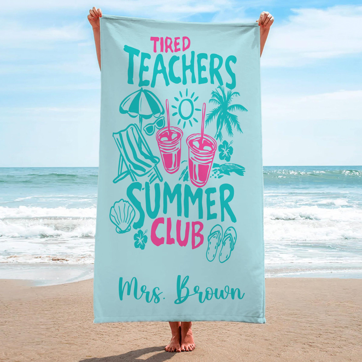 Tired Teachers Summer Club Beach Towel, Custom Name Towel, Summer Gift For Teacher