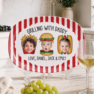 Custom Dad's Grilling Platter with Kids Faces: Father's Day Gift From Kids, Striped Grilling Plate for Kitchen Decoration, Funny Daddy Gift